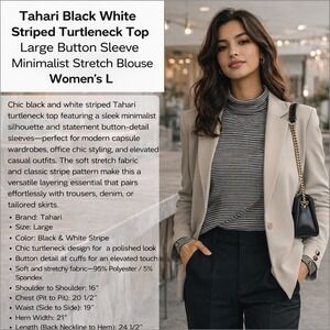 Tahari Black White Striped Turtleneck Top Large Button Sleeve Minimalist Stretch